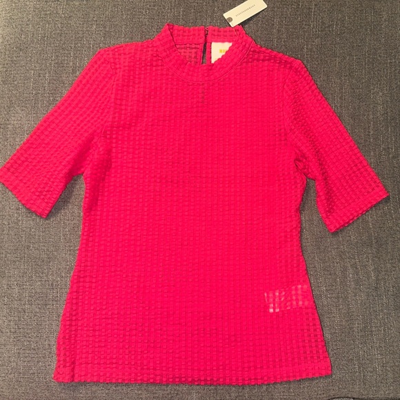 NWT Maeve Anthropologie Sz S Pink Sheer Mesh Mock Neck Short Sleeve Blouse Women - Picture 3 of 7